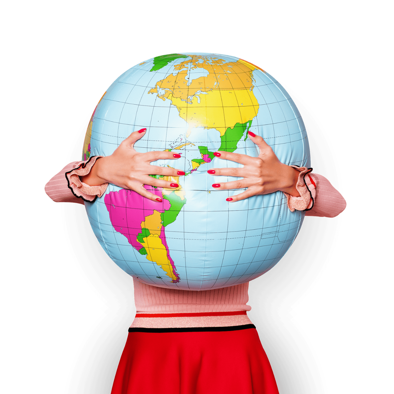 Large inflatable globe getting hugged by a woman in a red skirt.